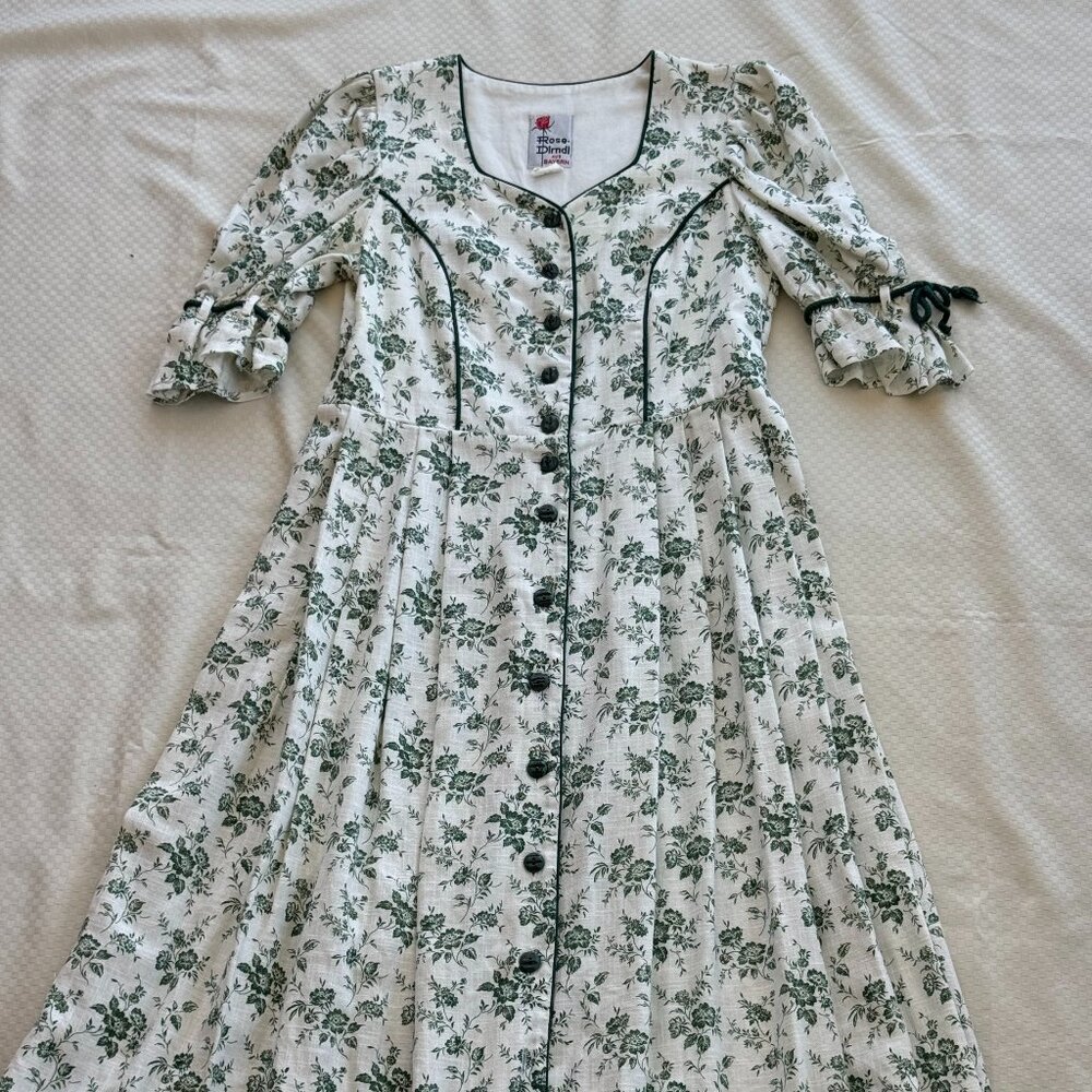 Rose Dirndl |.Vintage German Dress with Green Flowers, Buttons, Ties, US 16